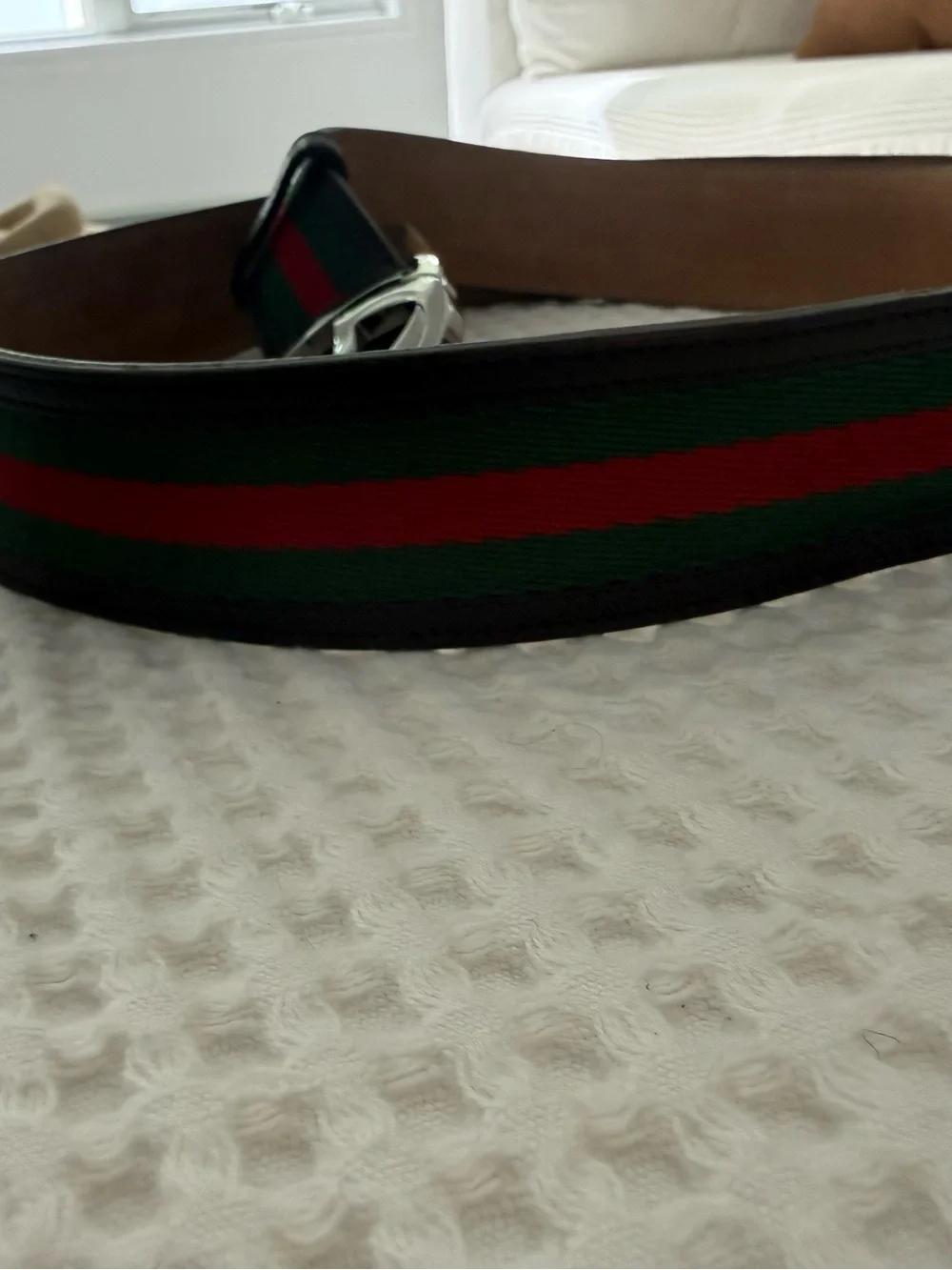 Gucci Green and Red Web Stripe Leather Belt with Silver GG Buckle